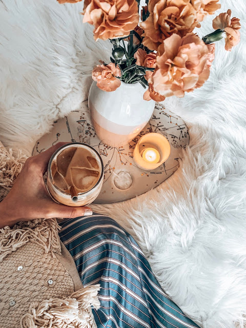 iced coffee and fresh flowers